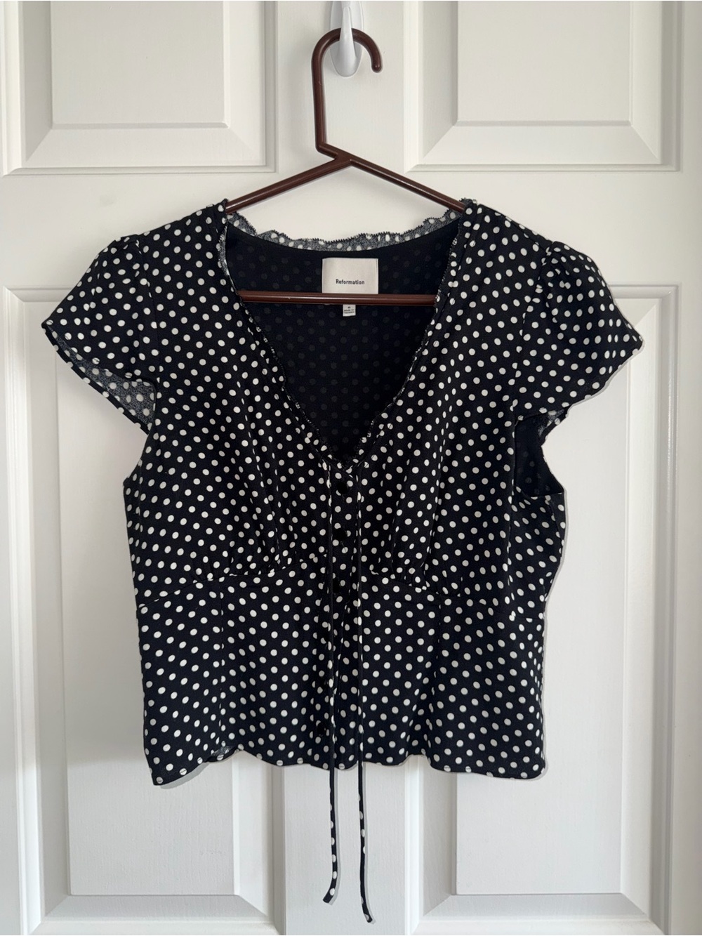 Reformation Black Polka Dot Tie-Front Blouse and Mini Skirt Set